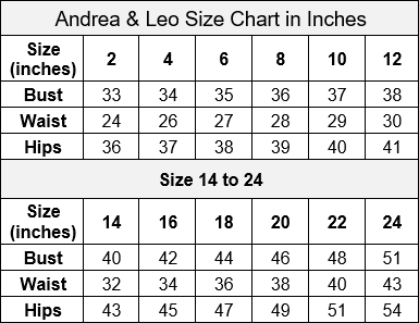 Andrea and Leo Size Chart in Inches